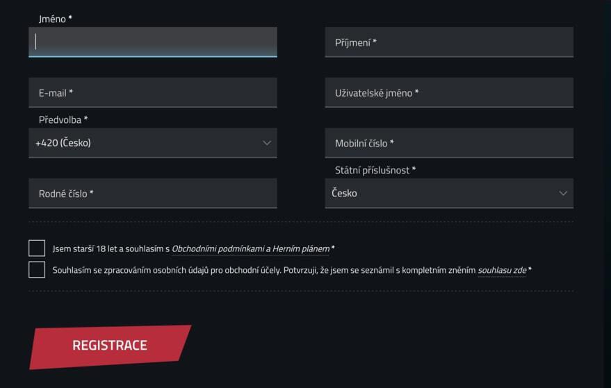 registrace form